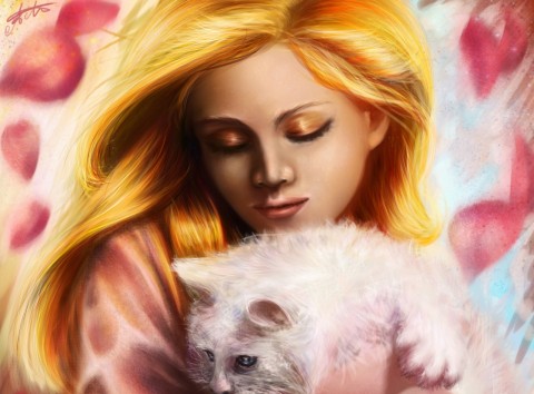 девушка с белой кошкой