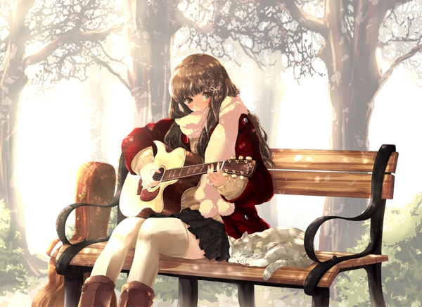 девочка на лавочке сидит и играет на гитаре а кот рядом слушает песни