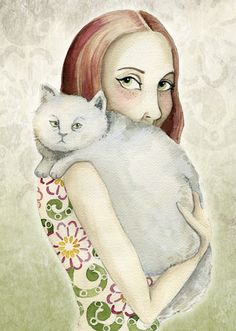 рисунок девочка с белым котом на руках